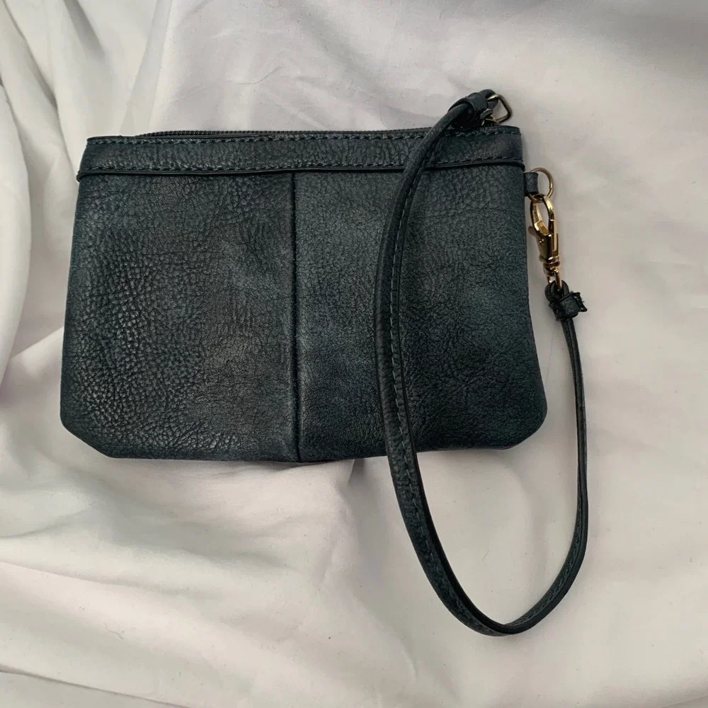 Wilsons Leather Wristlet Pouch Dark Teal Blue Pebbled Leather Gold Hardware Mini